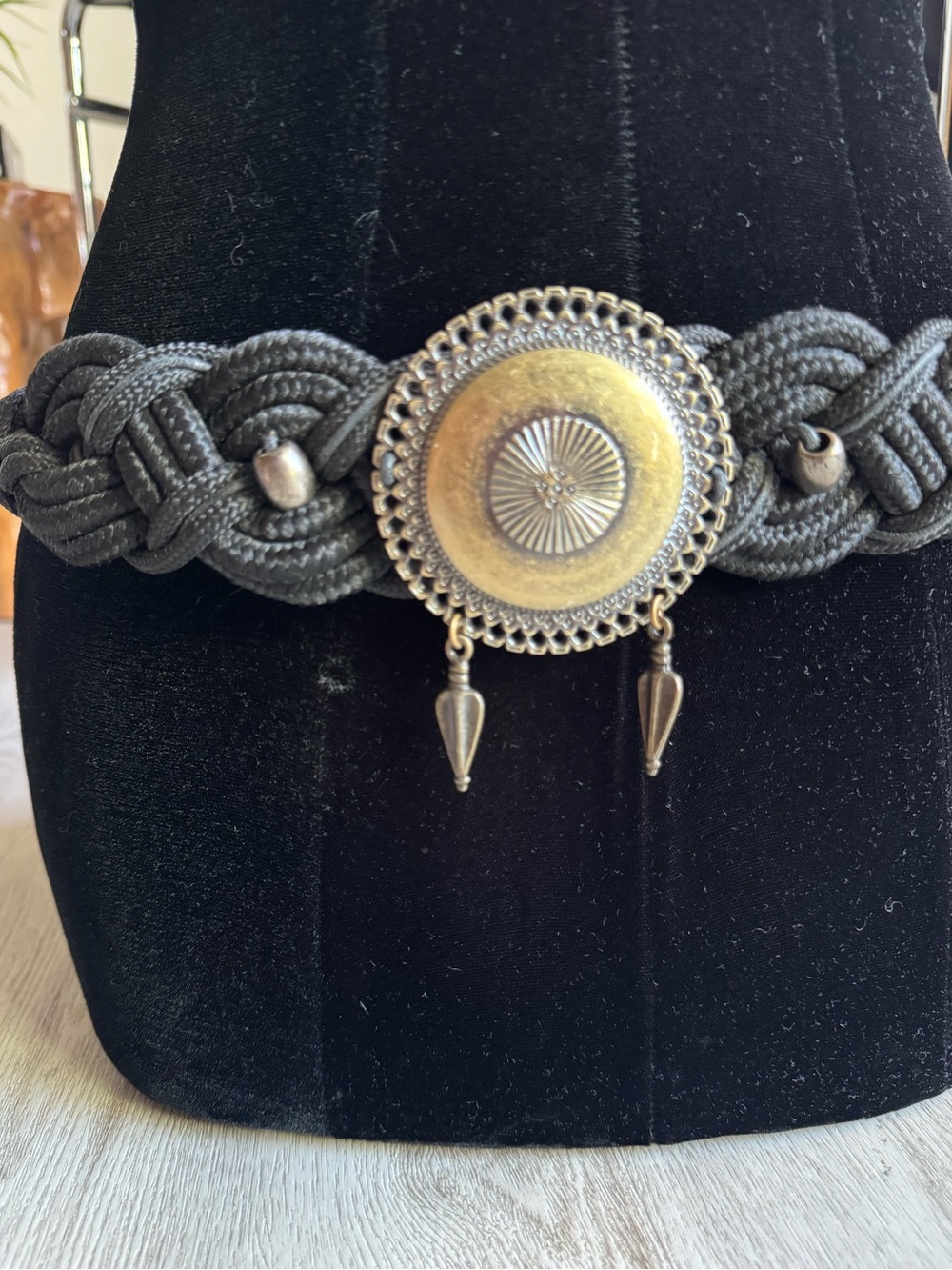 Vintage Black Braided Large Concho Embellished Bohemian Style Rope Belt SM / Med - Picture 2 of 9
